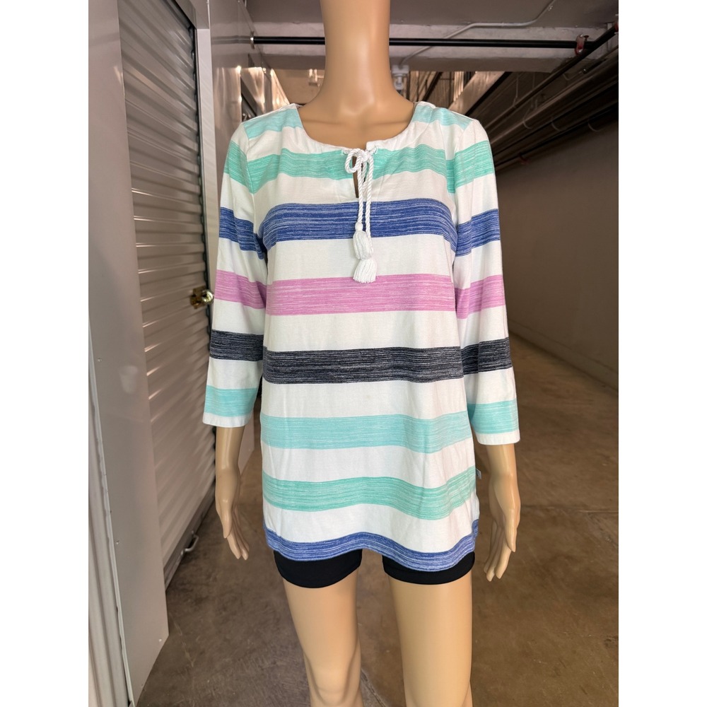 T by Talbots Womens Medium Striped 3/4 Sleeve Tassel Tie Split Neck Tunic Top